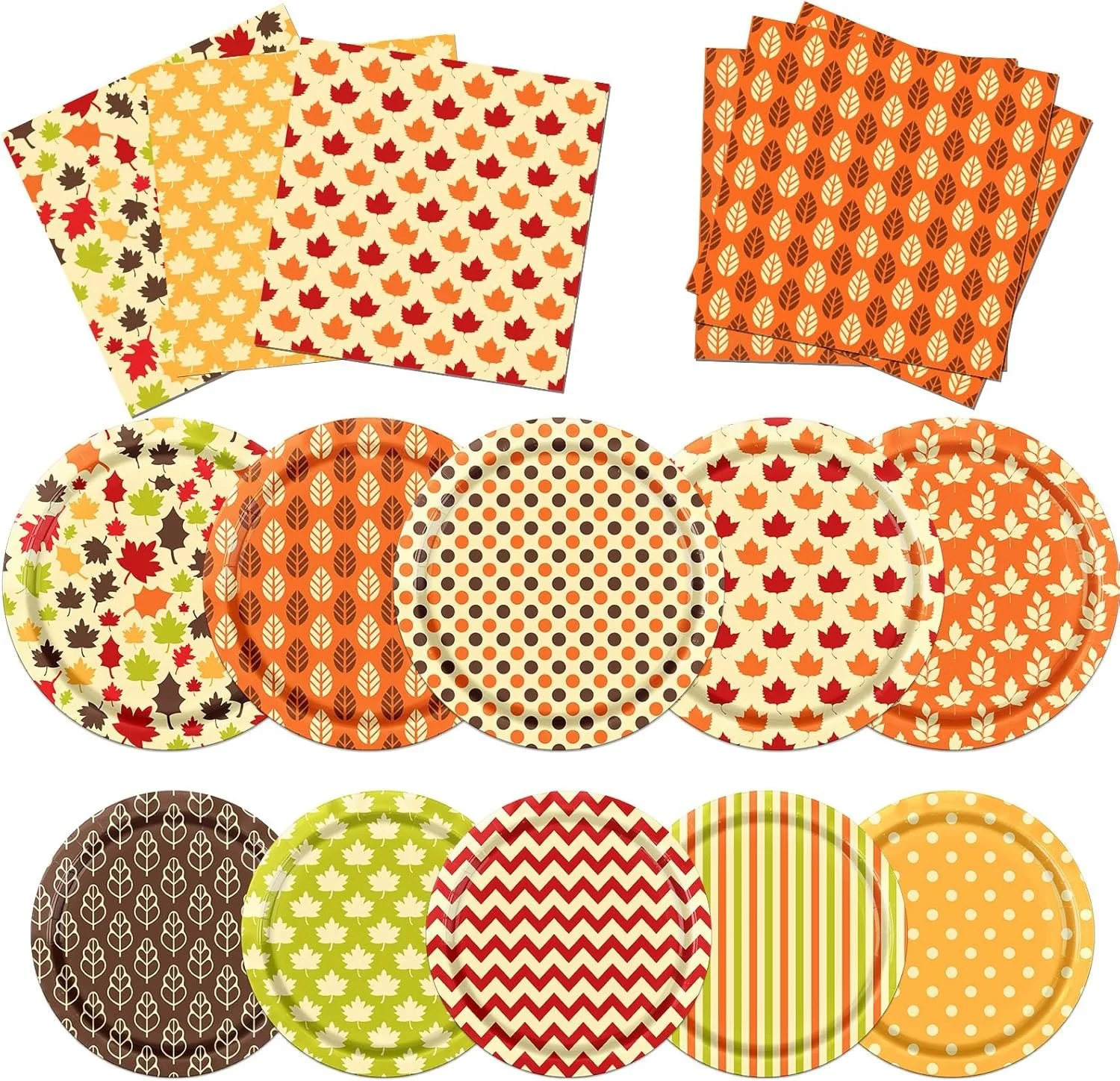 Set of retro-inspired fall paper plates and napkins in colorful autumn patterns, including polka dots, chevrons, stripes, and maple leaves. Perfect for vintage-style fall parties, Thanksgiving gatherings, and cozy retro entertaining