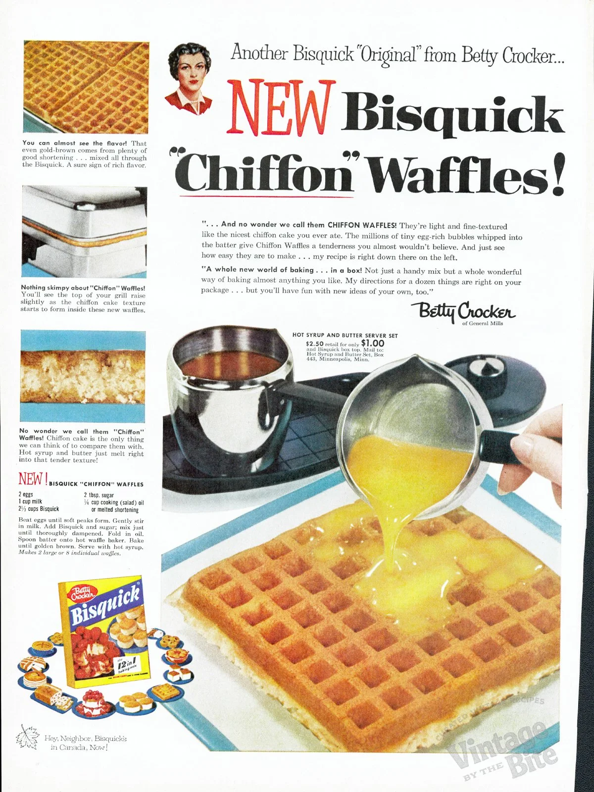 Preserved from a vintage Bisquick advertisement, mid-century era. Public/ Bisquick “Chiffon” Waffles/Betty Crocker Advertisement

Ingredients
2 eggs
1 cup milk
2½ cups Bisquick
2 tbsp. sugar
¼ cup cooking (salad) oil or melted shortening

Instruction