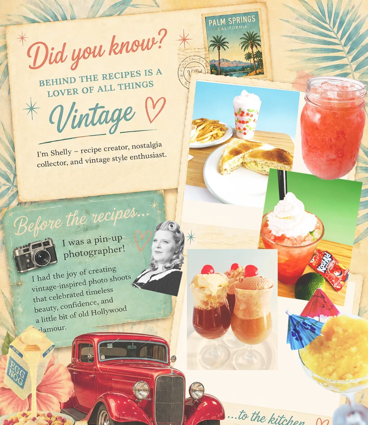 profile banner for shelly owner of vintage by the bite, her favorite things 1940s car, food photography, vintage photoshoot black white retro photo, did you know font
