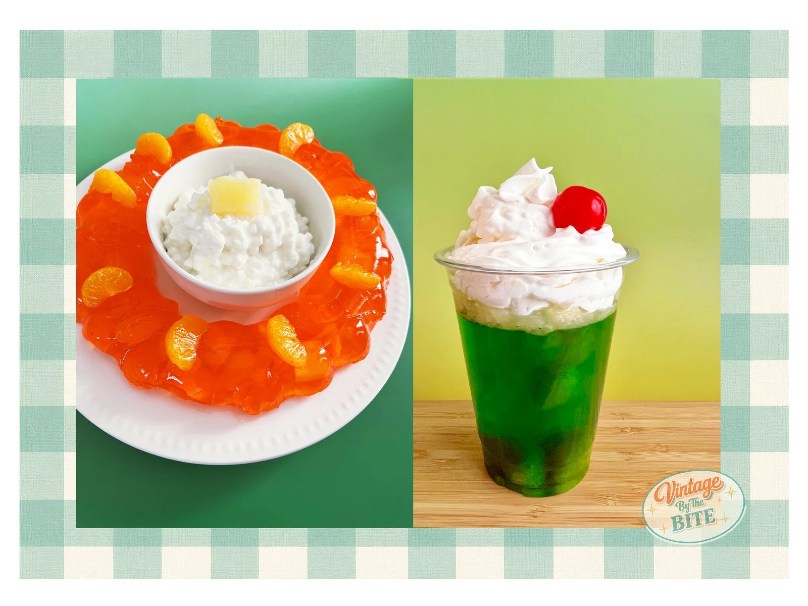 2 jello recipes orange and lime with green plaid background