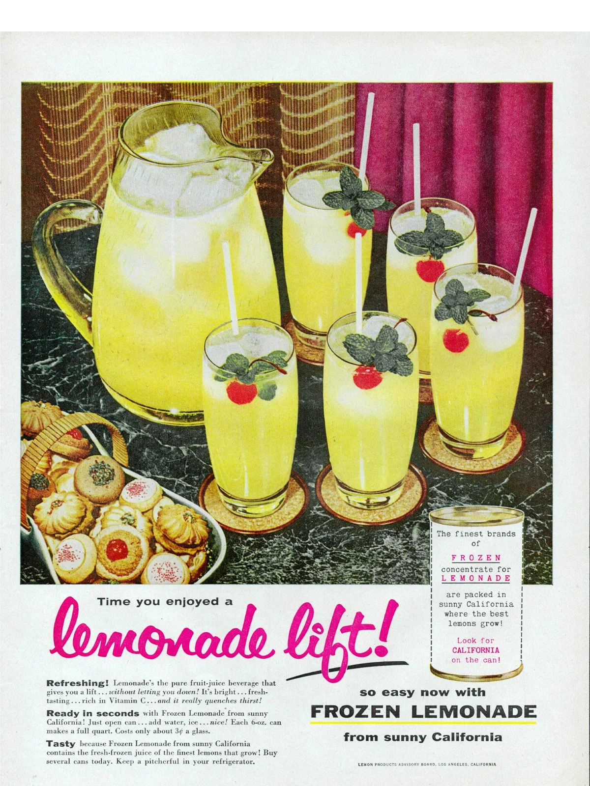 Late 1950s Frozen Lemonade Advertisement (c. 1957–1959) Mint sprig (tap it lightly to release scent)
One cherry (stem on)
Place both on the inside edge of the glass, facing forward
Optional: tiny skewer if you want it extra tidy. - archival content