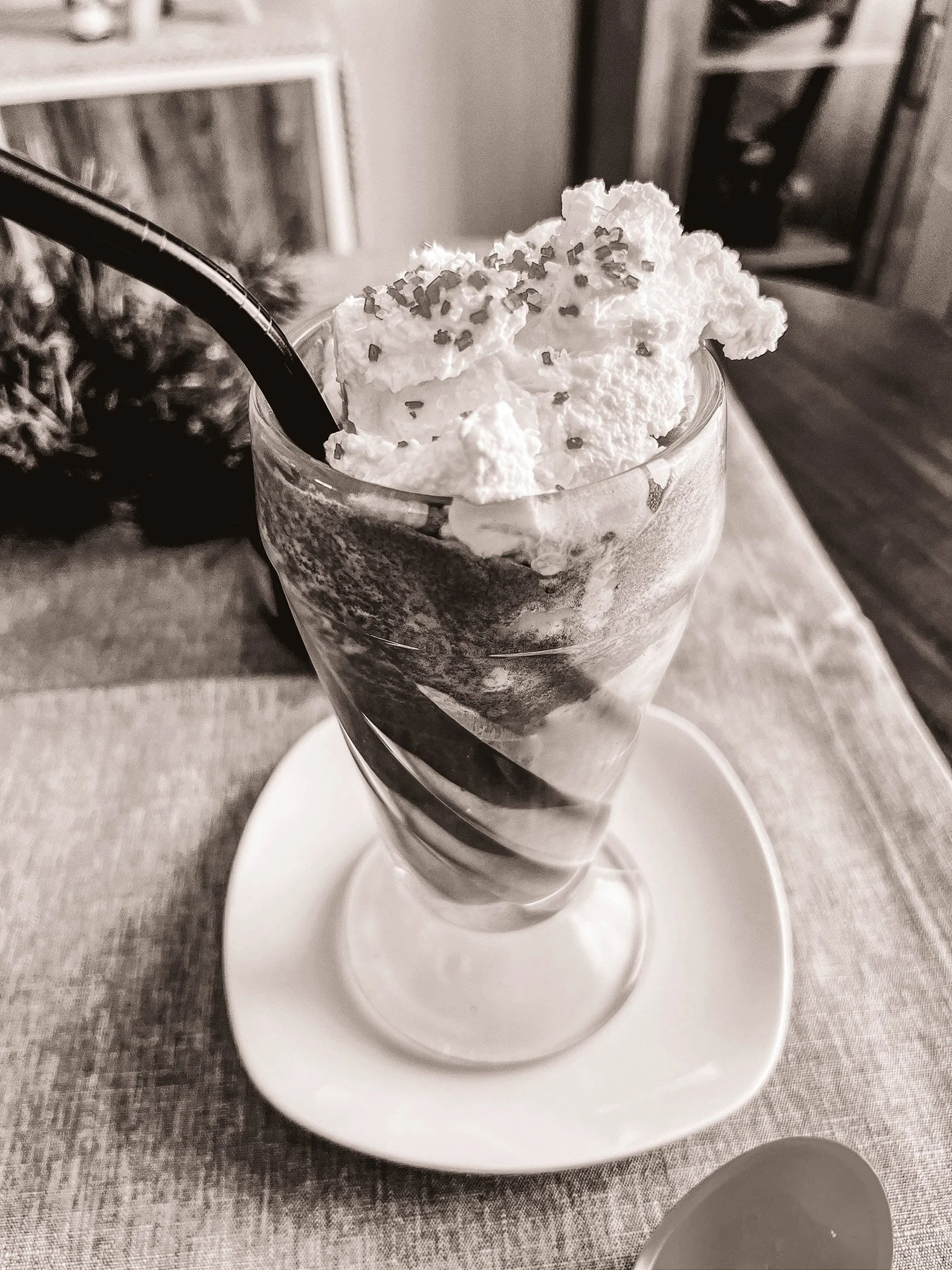 Sepia photo of old-fashioned chocolate soda