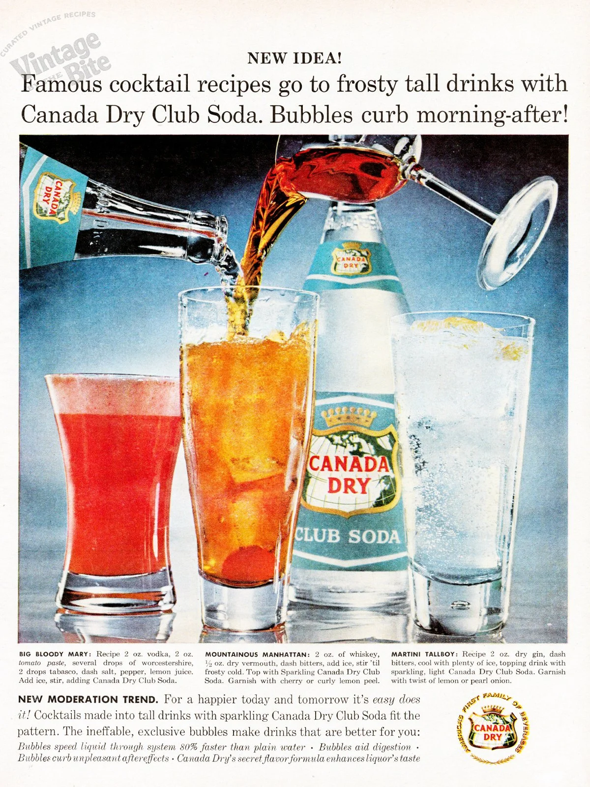 Canada Dry Club Soda Cocktail Advertisement, circa early 1960s/public/BIG BLOODY MARY:

Recipe 2 oz. vodka, 2 oz. tomato paste, several drops of worcestershire, 2 drops tabasco, dash salt, pepper, lemon juice. Add ice, stir, adding Canada Dry Club So