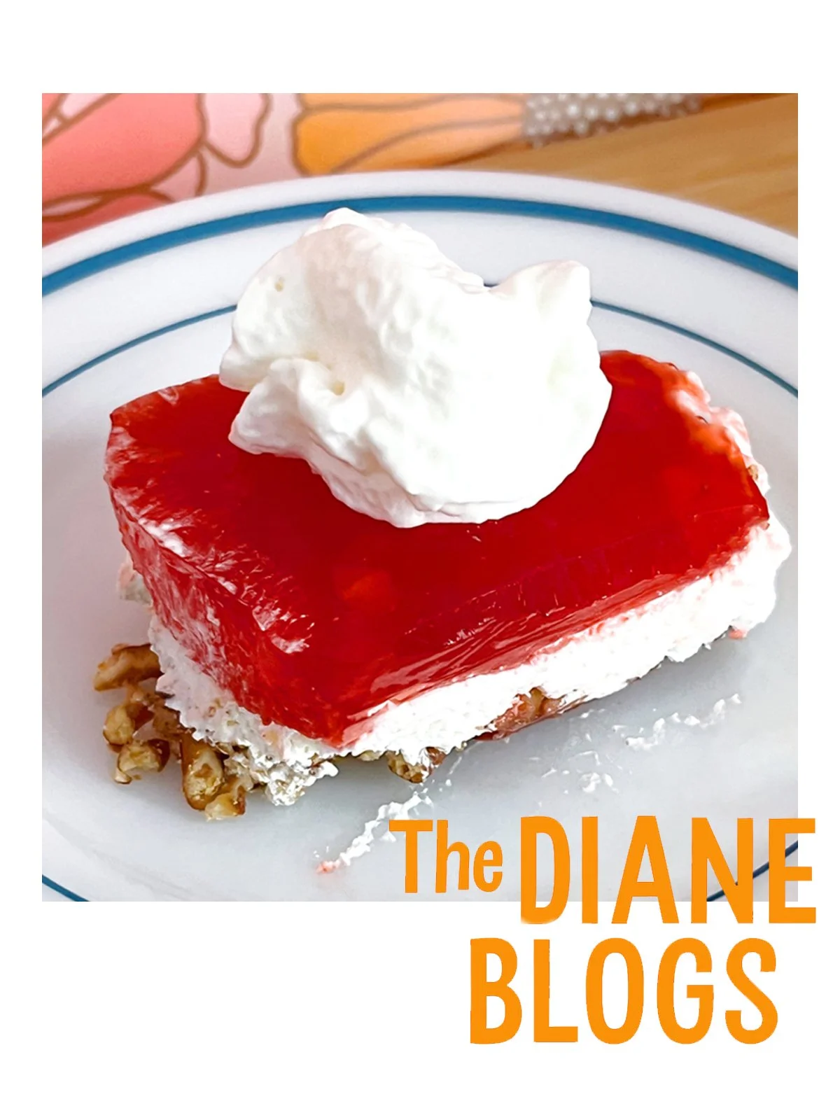Strawberry pretzel dessert slice with whipped cream on a plate in a retro kitchen setting.