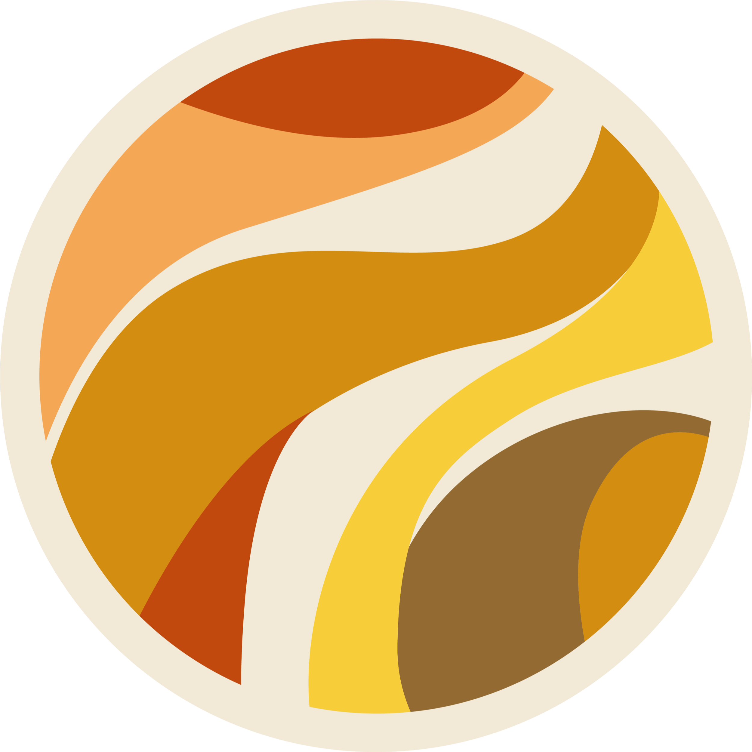 Abstract circular artwork with flowing curved shapes in shades of brown, tan, beige, and yellow.