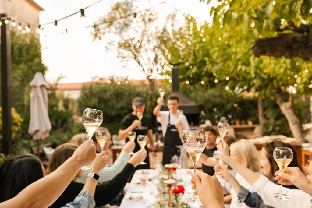 Amble guests raising a toast at a long table in the vines