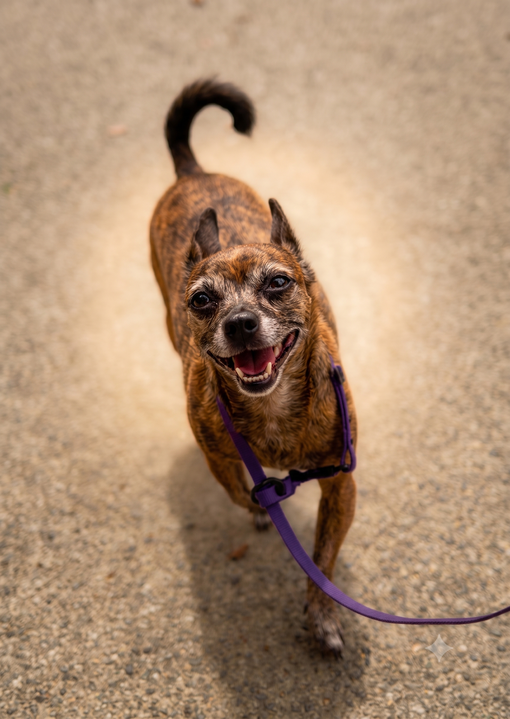 Small brindle dog with a purple harness standing on a beige speckled floor, looking up, with a happy expression and tongue slightly out.