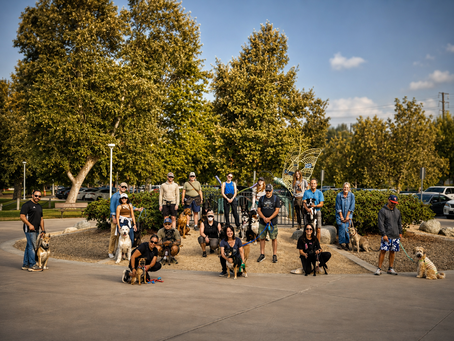 A group of dogs and ownerswith dogs in a park on a sunny day.