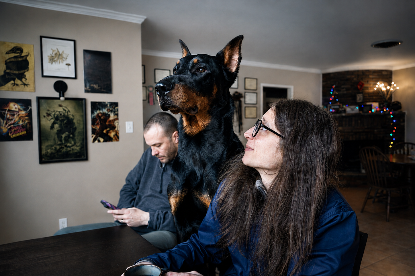 A woman with glasses and long brown hair sitting at a table with a large black and brown Rottweiler. A man is in the background looking at his phone in a room decorated with framed artwork and a brick fireplace decorated with Christmas lights.
