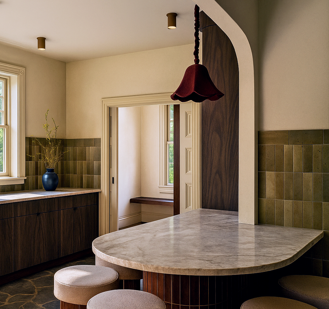 elegant kitchen design with custom walnut cabinets and handmade tile backsplash. spacious with an abundance of natural light, porcelain pavers set the foundation for an earthy yet upscale space
