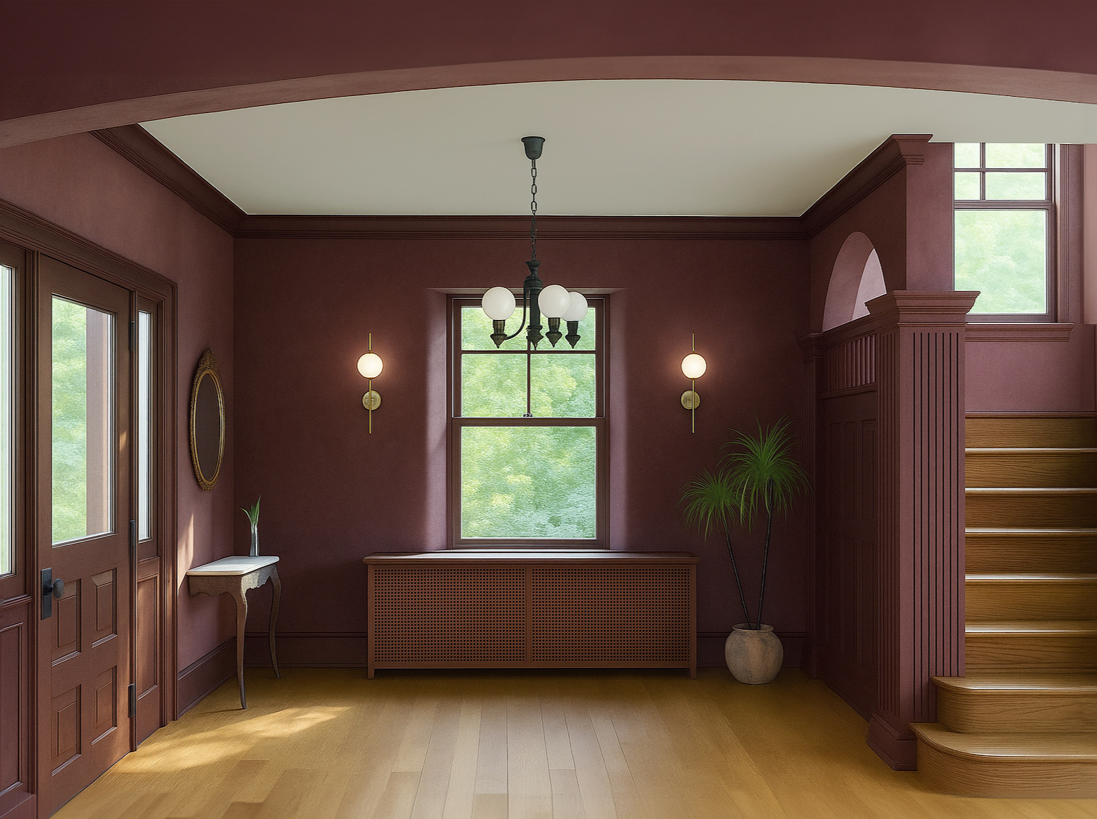 Elevated foyer aesthetic that honors tradition in a modern way. Preserving the natural character of the home and giving it new life, colors and materials were selected with Philadelphia and North Eastern architectural heritage at the forefront. This 