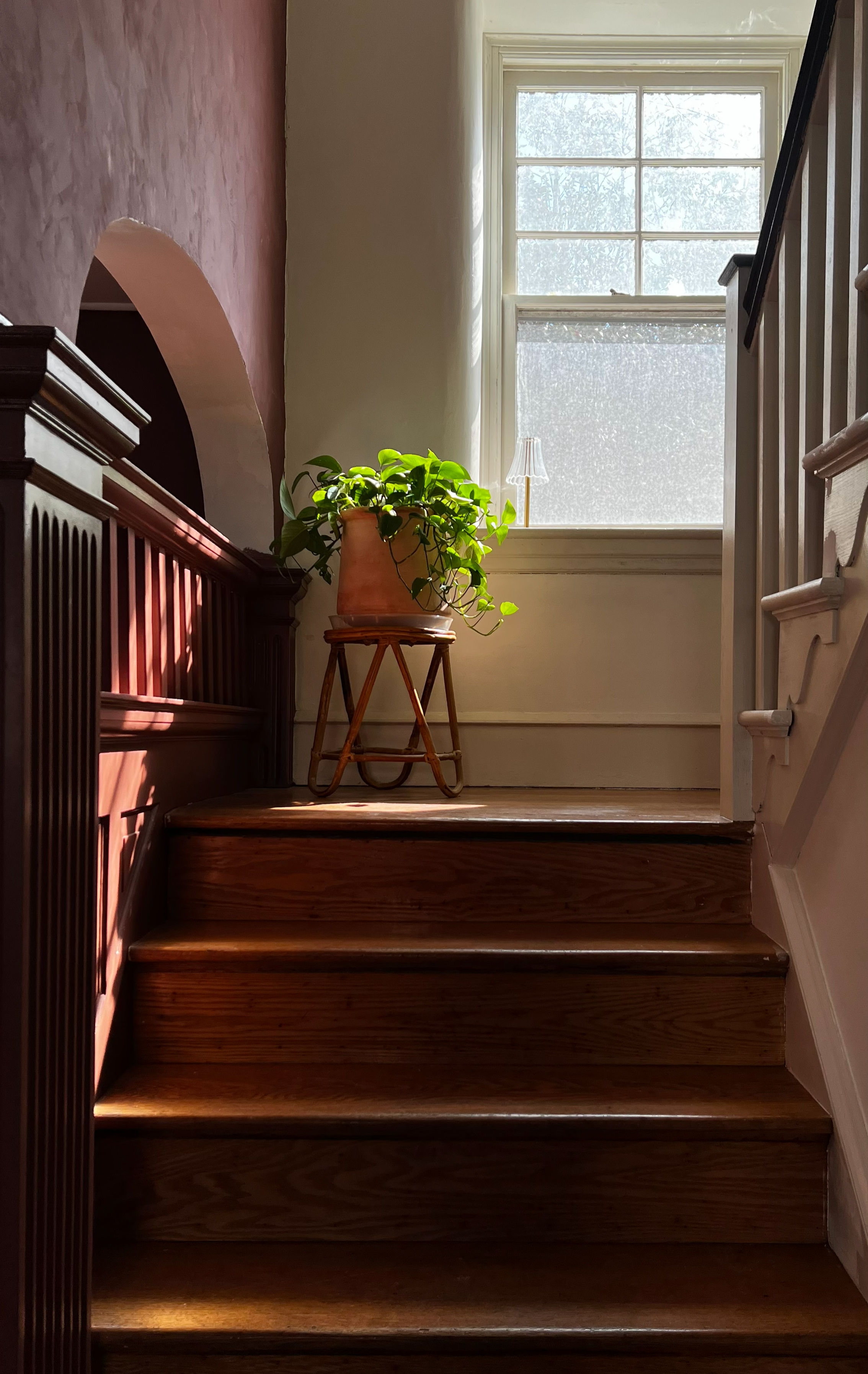 Modern interior design for transitional Philadelphia home. High end aesthetic and moody style for this foyer and stair.
