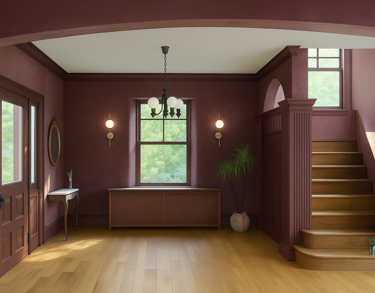 Elevated foyer aesthetic that honors tradition in a modern way. Preserving the natural character of the home and giving it new life, colors and materials were selected with Philadelphia and North Eastern architectural heritage at the forefront. This 