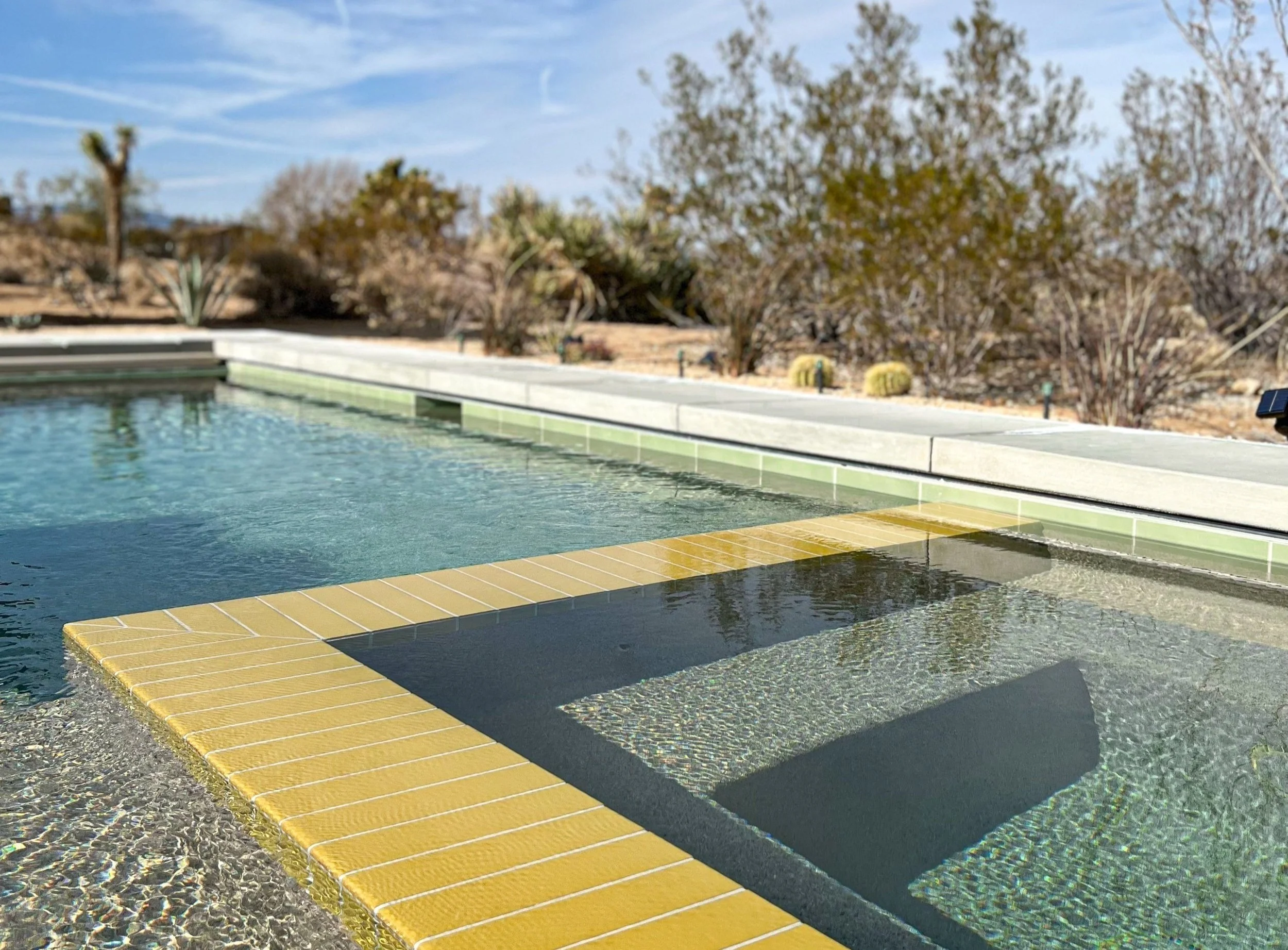 Close-up of a desert pool with yellow and black tile border, clear water, and a hot tub in the foreground, with desert plants and trees in the background under a blue sky.