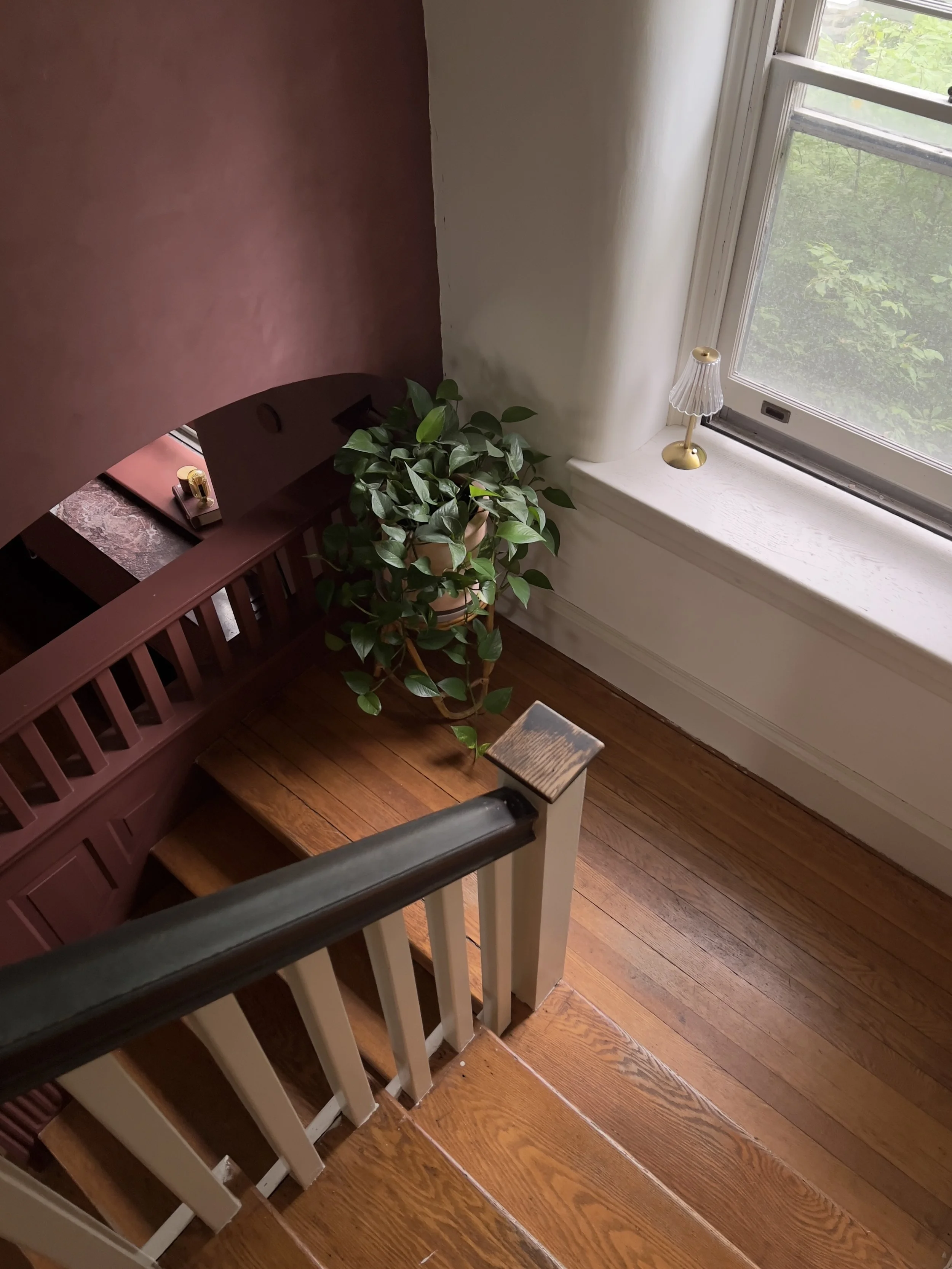 Modern interior design for transitional Philadelphia home. High end aesthetic and moody style for this foyer and stair.