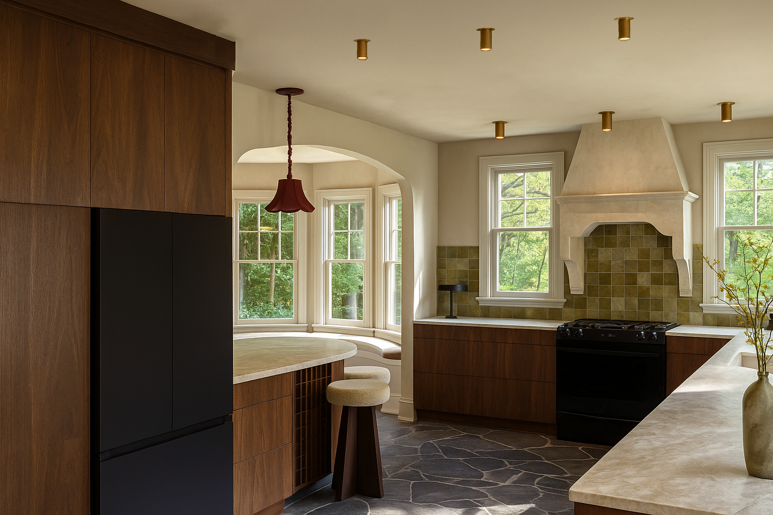 elegant kitchen design with custom walnut cabinets and handmade tile backsplash. spacious with an abundance of natural light, porcelain pavers set the foundation for an earthy yet upscale space