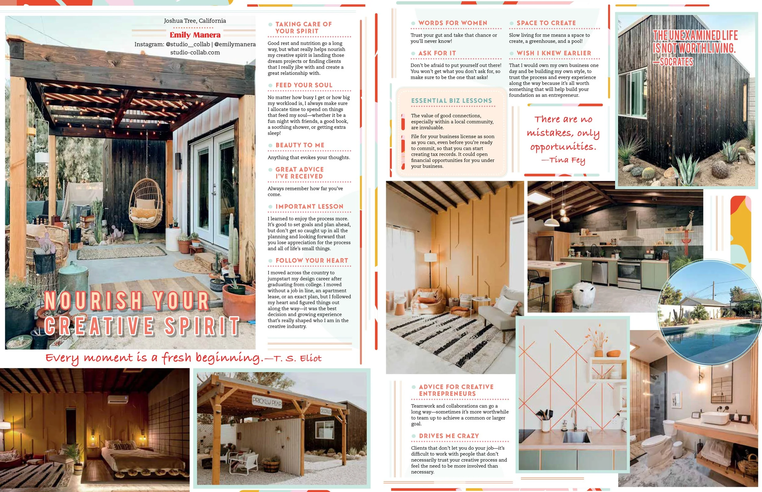 A brightly colored, multi-section flyer with quotes, advice, and photos about living a creative and entrepreneurial lifestyle. It features images of a cozy outdoor patio, an interior living room, a modern kitchen, a bedroom, and a bathroom, along with motivational quotes and tips for freelancers and entrepreneurs.