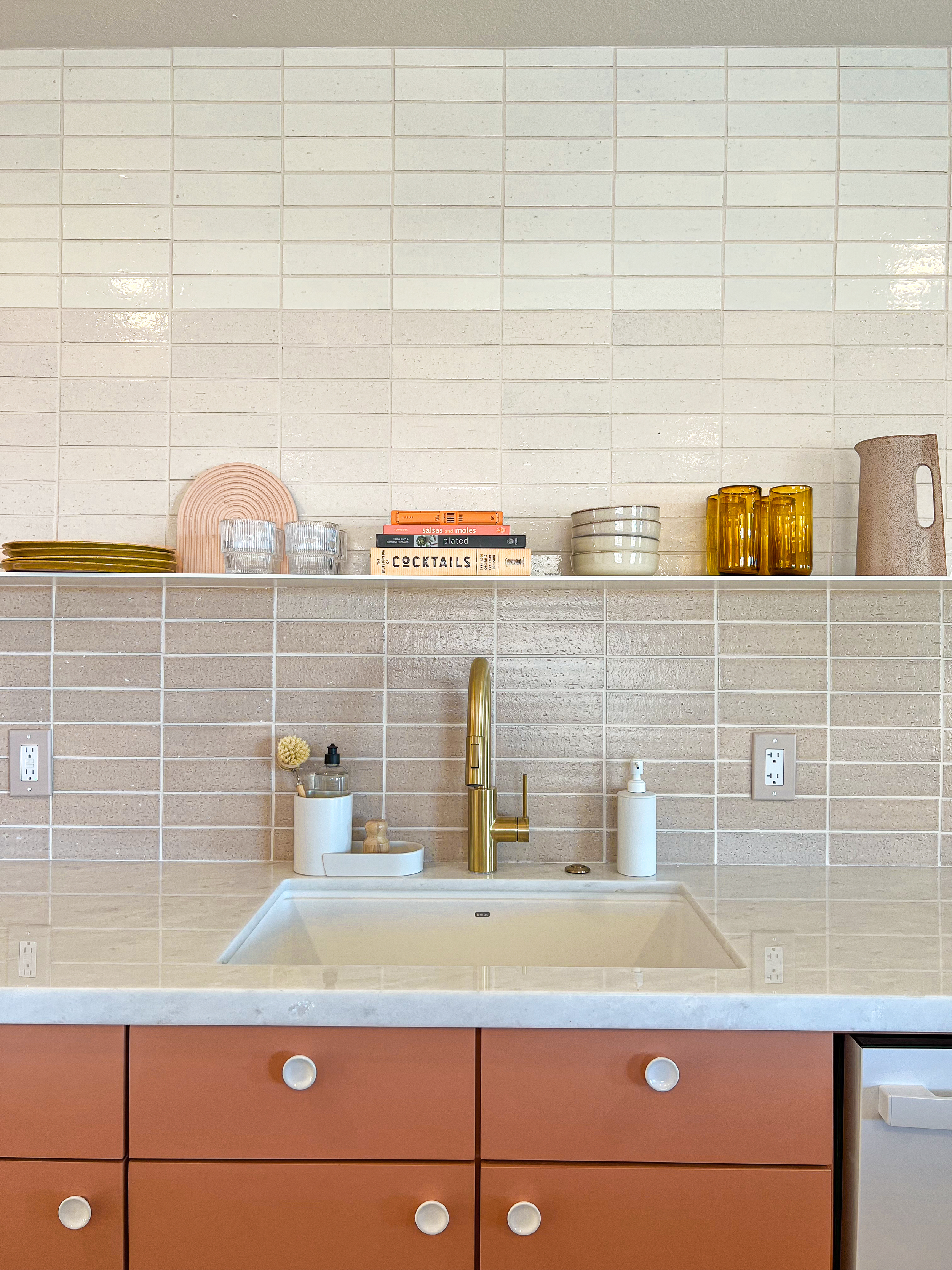 modern and airy pink kitchen interior design with tile backsplash by design build firm joshua tree california for vacation home design