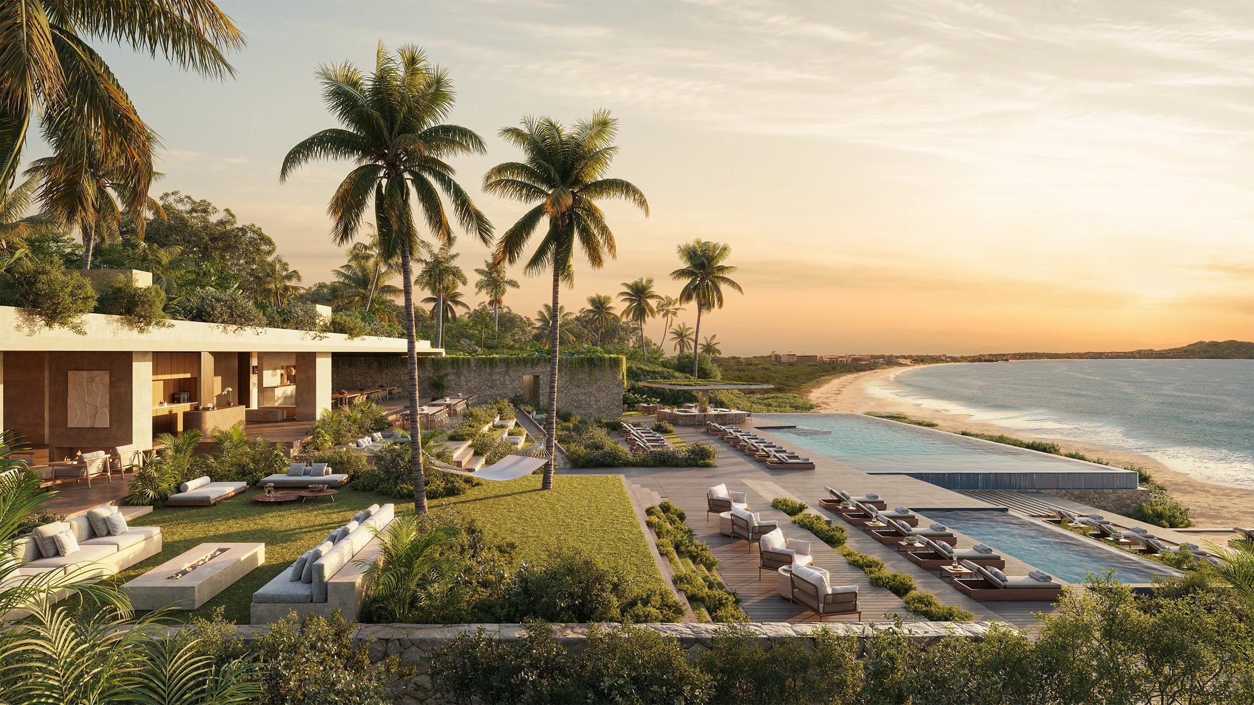 Luxury beachfront resort with infinity pools, lounge chairs, and palm trees at sunset.