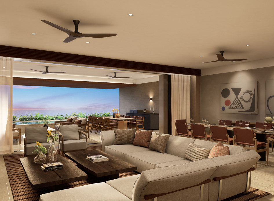 Modern living room and dining area with a large window showing an outdoor view, ceiling fans, art on the walls, and furnished with sofas, chairs, and a dining table set for a meal.
