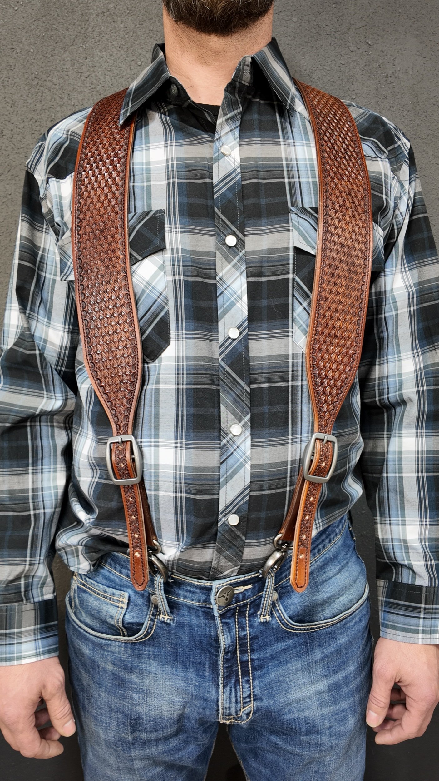 Geometric Hand Tooled Leather Suspenders