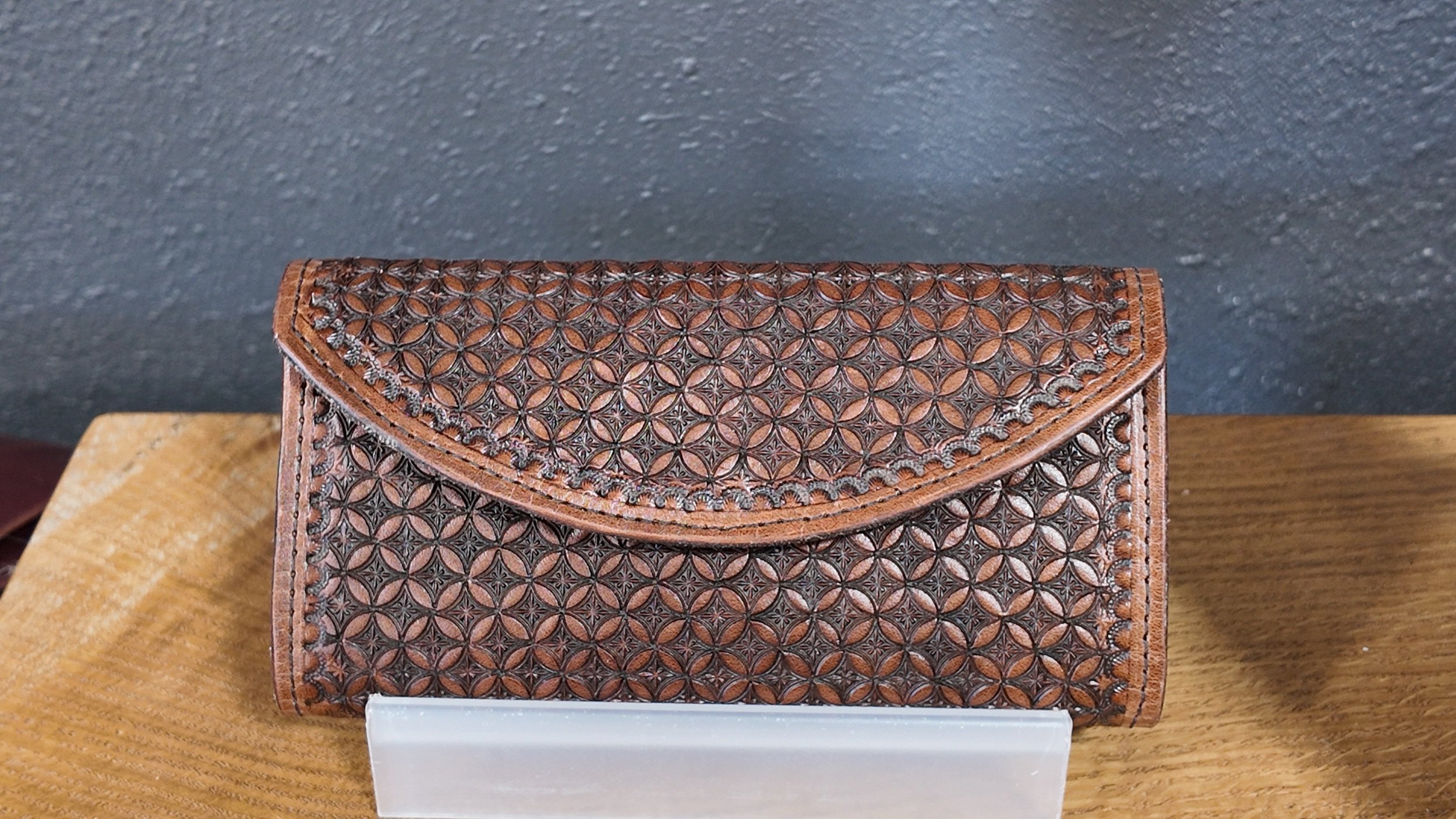 geometric hand-tooled leather wallet clutch womens