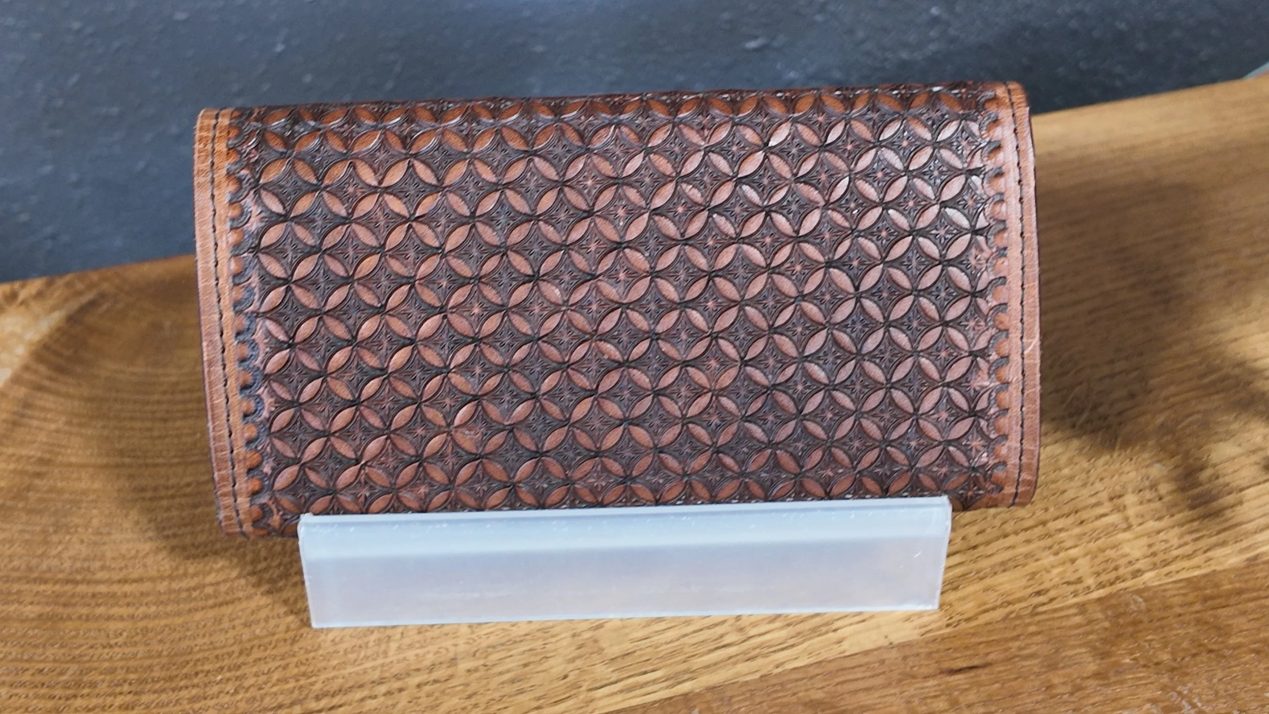 geometric hand-tooled leather women leather wallet clutch