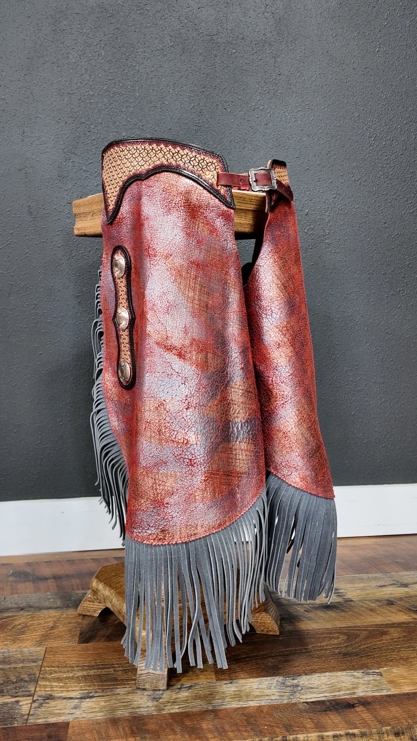 Crimson Crackle & Copper Hand-Tooled Leather Chinks