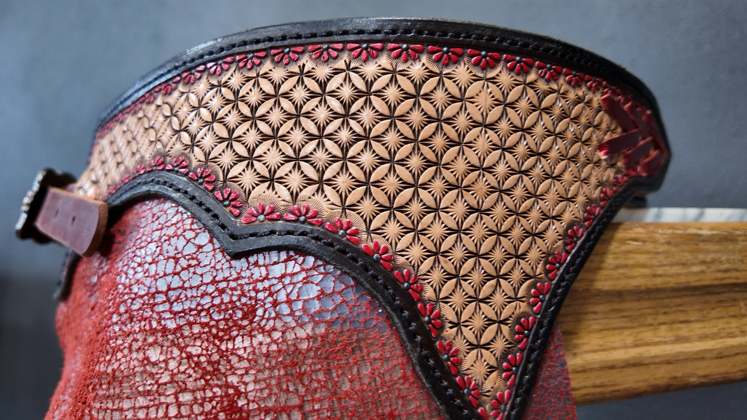 Red crackle leather custom hand-tooled chinks tooled geometic  hand painted details