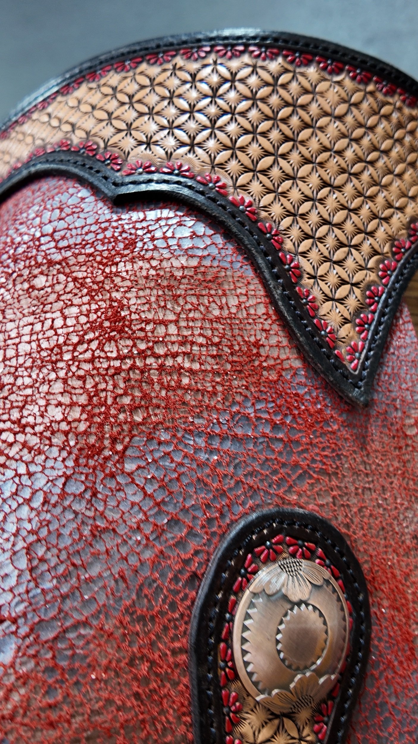 crackle texture leather red metallic geometric leather tooling western chinks