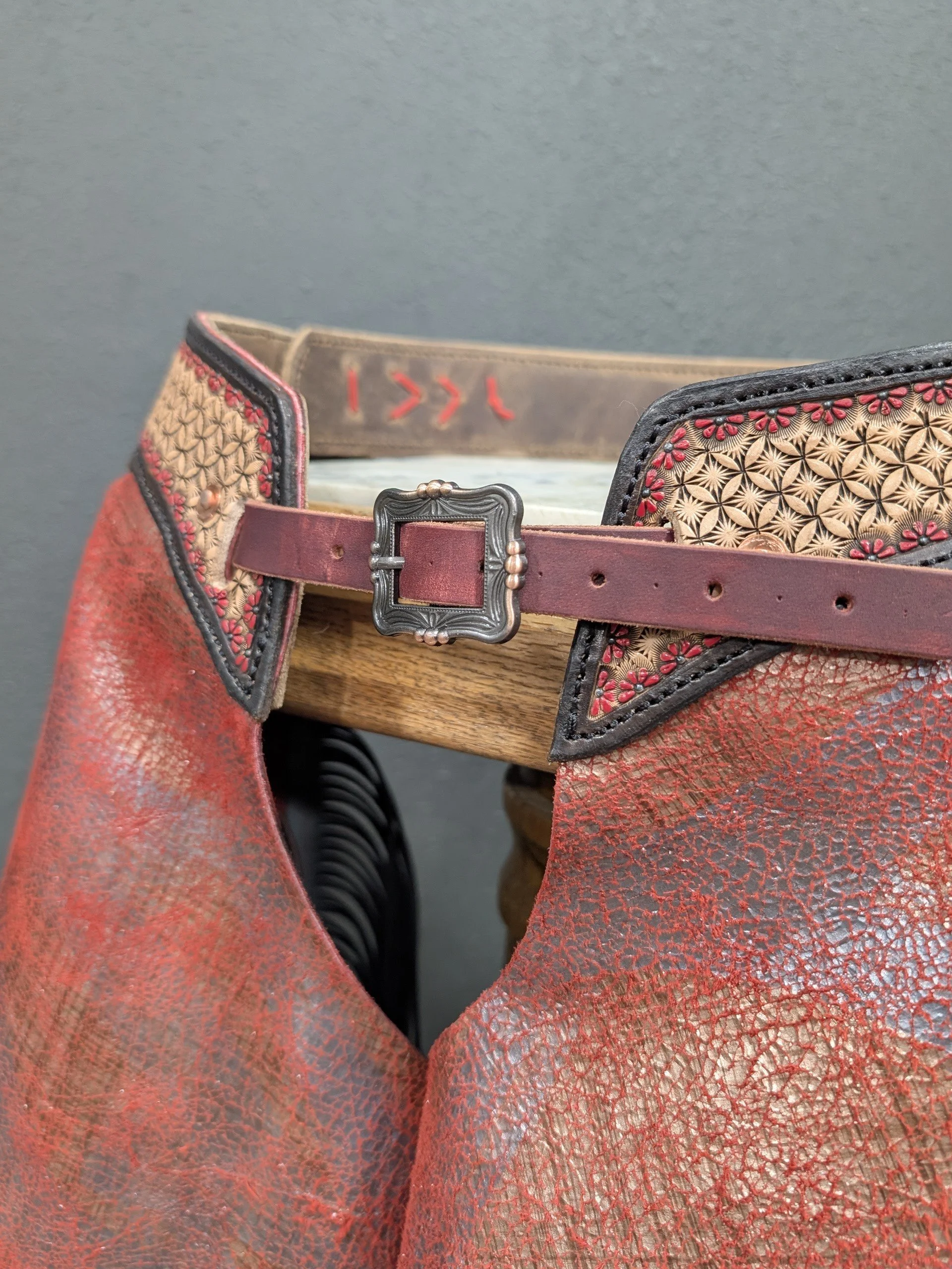 front buckle chinks chaps copper gray red leather handmade.jpg