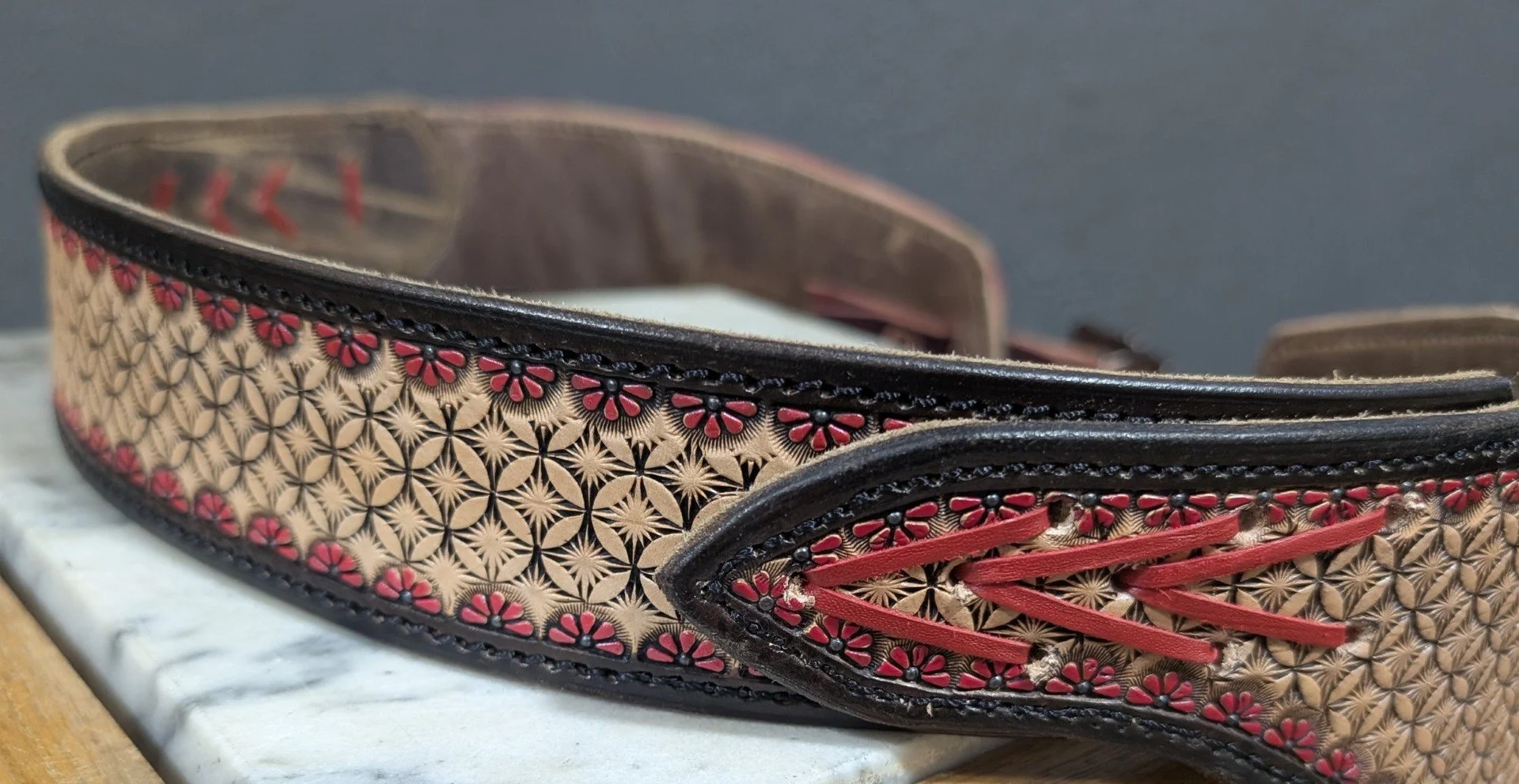 Tooled leather chinks handmade kangaroo lace.jpg