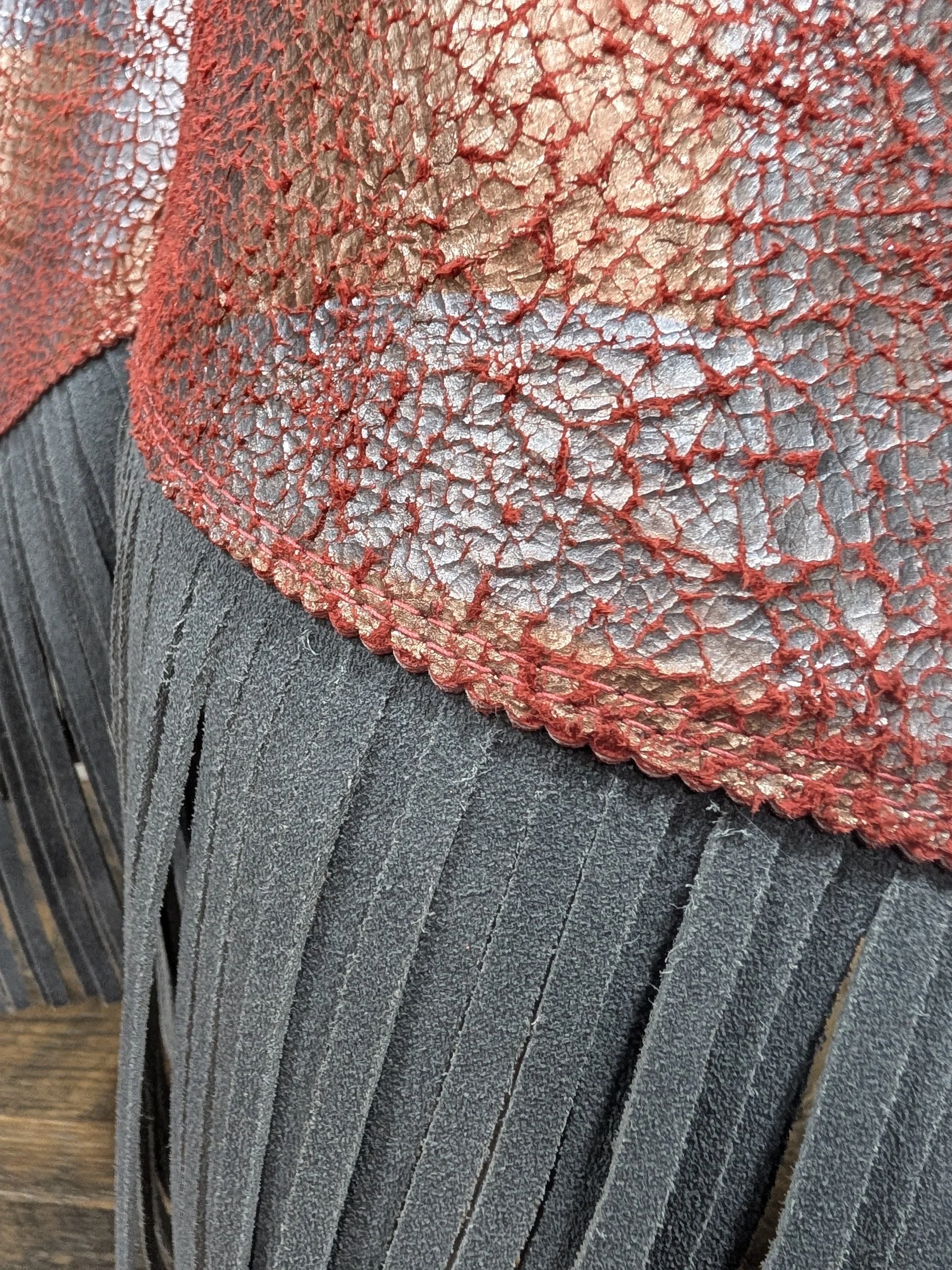 scalloped edge leather chinks double stitched red gray leather handmade.jpg