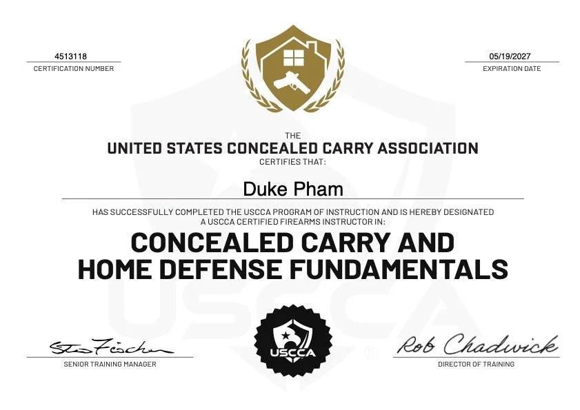 Chứng chỉ giảng viên bắn súng và phòng vệ gia cư của Duke Pham do USCCA cấp.