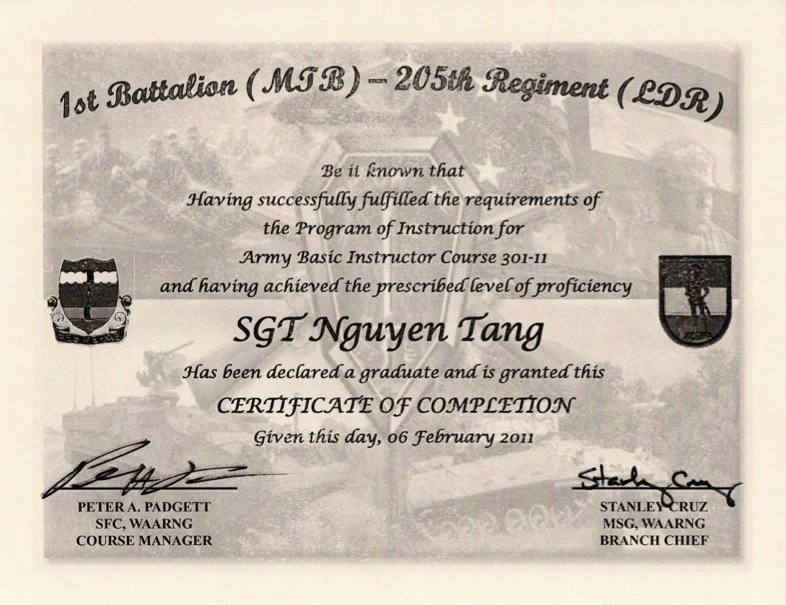 Chứng chỉ giảng viên của Tăng Nguyên do US ARMY cấp.