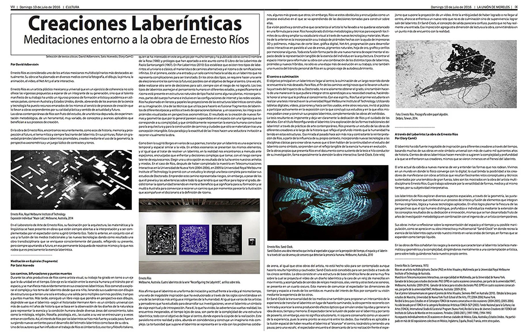 Artículo de periódico titulado 'Creaciones Laberínticas', que trata sobre meditaciones en torno a la obra de Ernesto Ríos, con textos en español latinoamericano, imágenes de obras del artista, incluyendo una escultura luminosa y un recorrido en reali