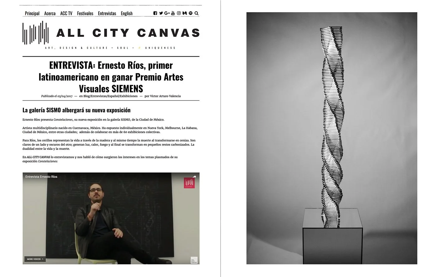 Página de una publicación en línea de la revista All City Canvas con una entrevista a Ernesto Ríos y una imagen de una escultura de una figura humana formada por capas de metal. La publicación también incluye una entrevista en video y un texto explic