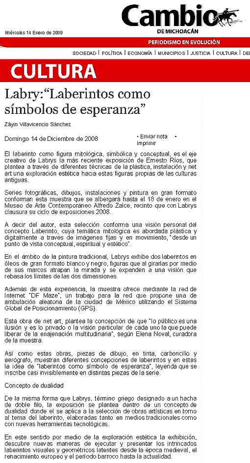Portada de un periódico llamado Cambio de Michoacán del 14 de enero de 2009, en la sección de Cultura, con un artículo sobre Labryt como símbolo de esperanza, explicando su interpretación y obras relacionadas con laberintos en el arte y la cultura.