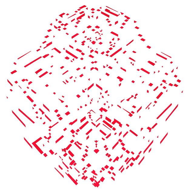 Dibujo abstracto en rojo sobre fondo blanco, con formas geométricas dispersas.