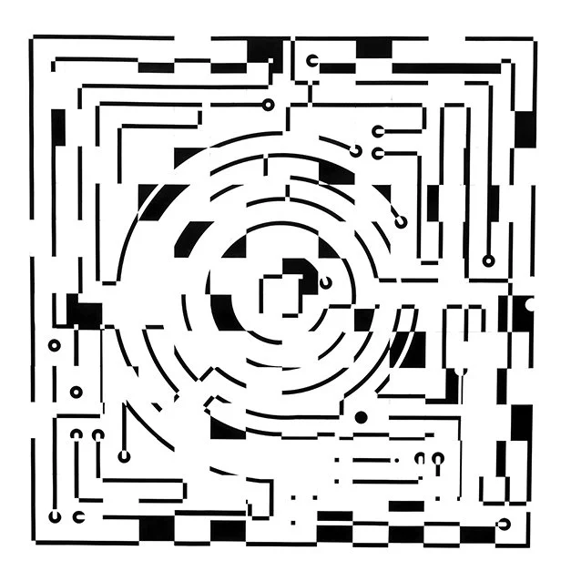 Un diseño gráfico abstracto en blanco y negro con patrones geométricos y líneas entrelazadas formando un laberinto.