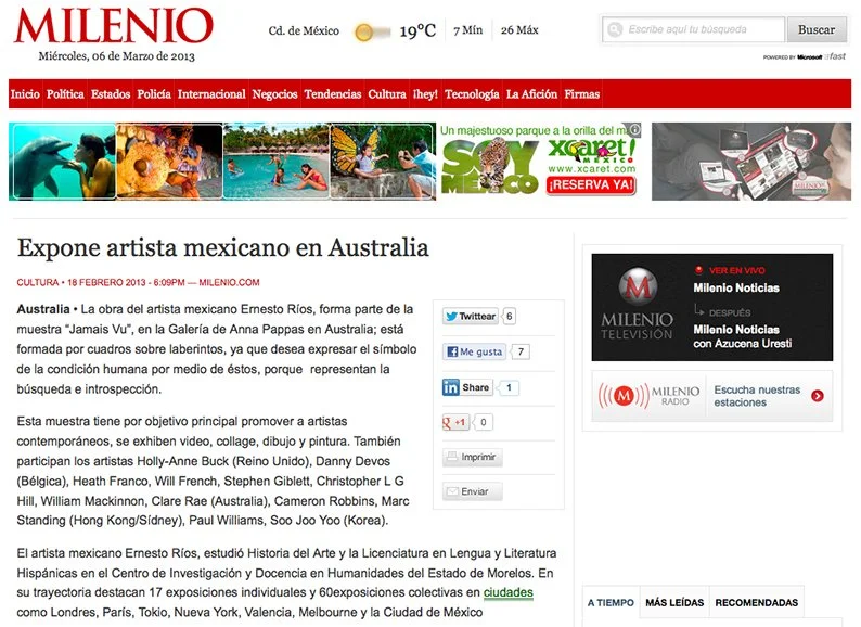 Captura de pantalla de una página web del periódico Milenio, publicada el 6 de marzo de 2013, con noticia sobre una exposición de artistas mexicanos en Australia, mostrando varias imágenes en la parte superior y texto en español.