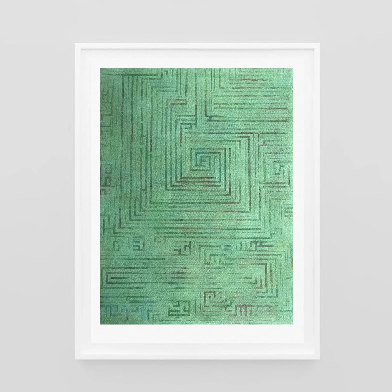 Cuadro con diseño geométrico en verde con líneas en espiral.