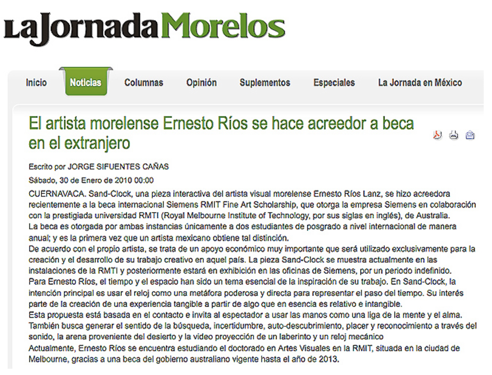 Captura de pantalla de un artículo en línea en el sitio 'La Jornada Morelos', que habla sobre el artista visual Ernesto Ríos Lanz y una beca internacional que recibió en Australia.