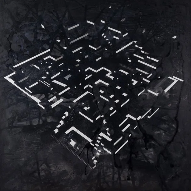 Ilustración abstracta en blanco y negro con líneas y formas geométricas distribuidas asimétricamente.