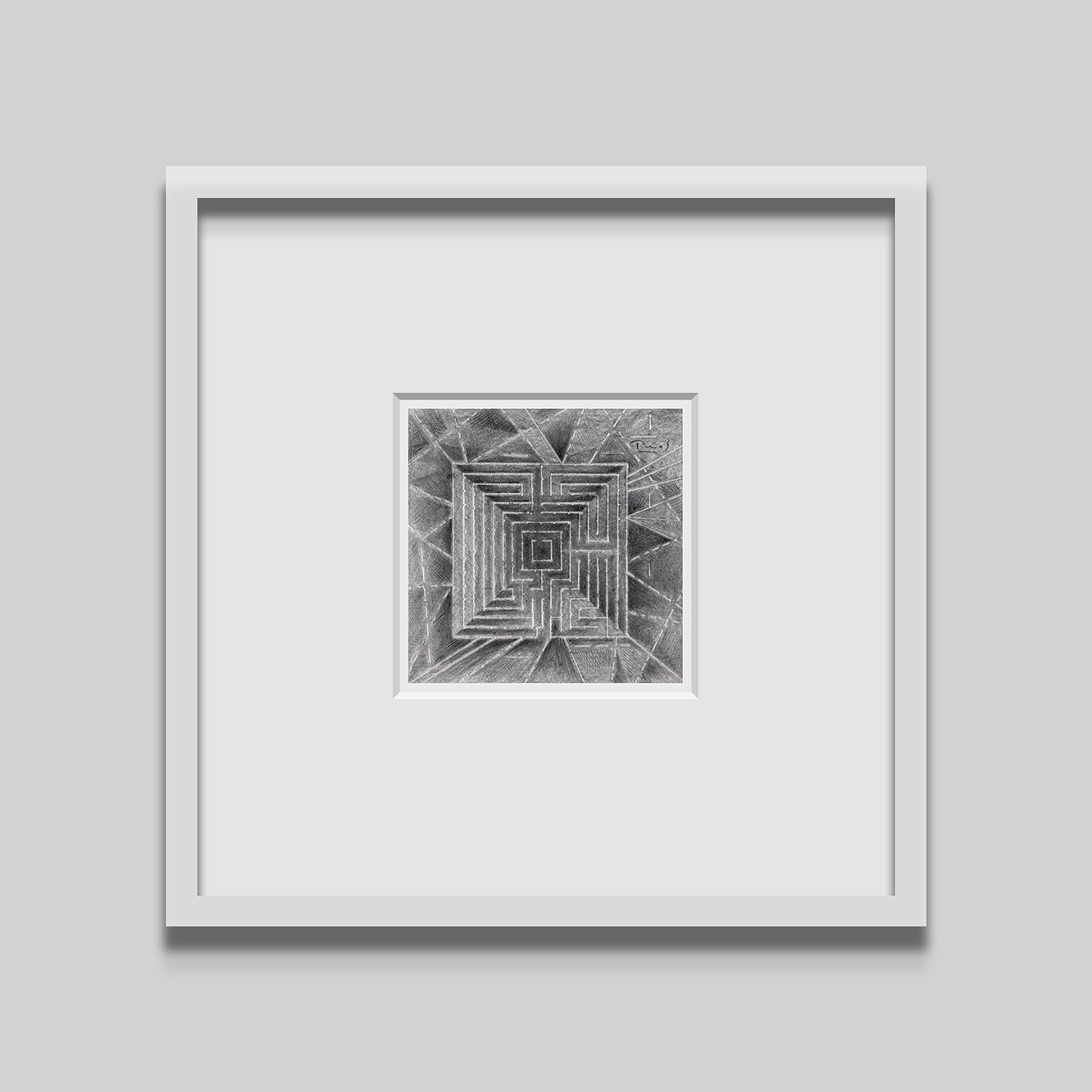 Cuadro con diseño geométrico en blanco y negro, enmarcado en un marco blanco sobre fondo gris.
