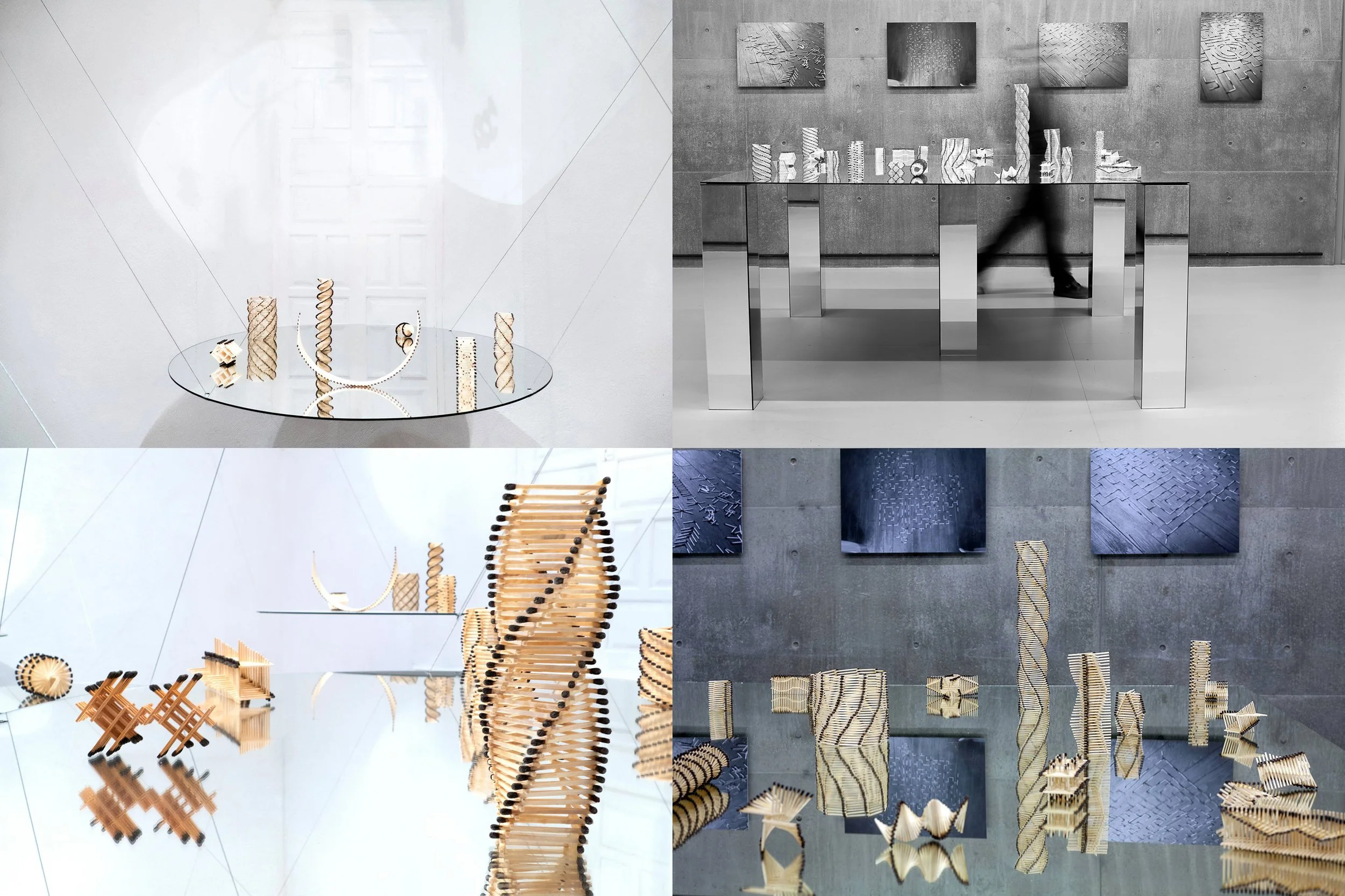 Ernesto Ríos. Artista visual. 1975, Cuernavaca, Morelos, México
Estructuras geométricas hechas con cerillos. Instalación artística con estructuras geométricas de madera y paneles artísticos en fondo gris, exhibidas en mesas de superficie reflectante.