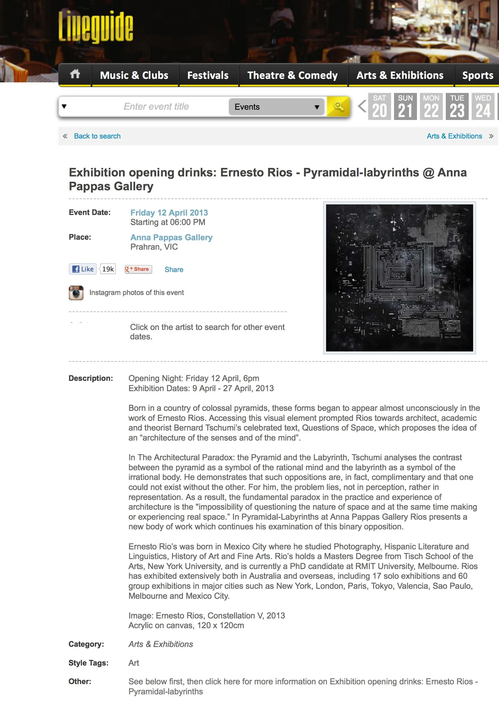 Información del evento de inauguración de la exposición de Ernesto Rios en la Galería Anna Pappas, con detalles de fecha, lugar y descripción de la obra.