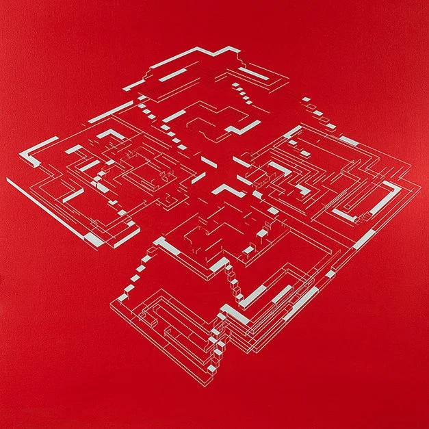 Arte abstracto geométrico en fondo rojo, con líneas blancas formando un diseño complejo y tridimensional.