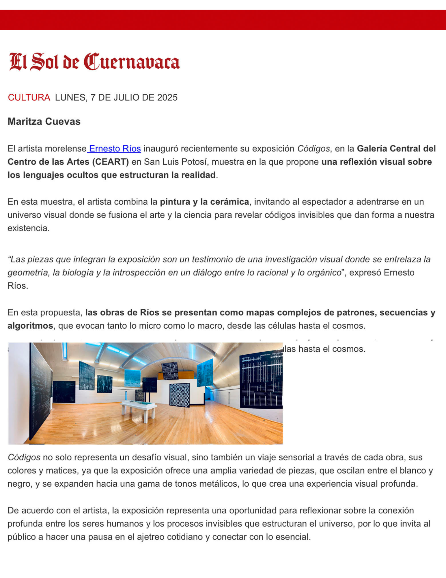 Ernesto Ríos. Códigos. Arte. Art Noticias News. Arte Contemporáneo. Contemporary art.