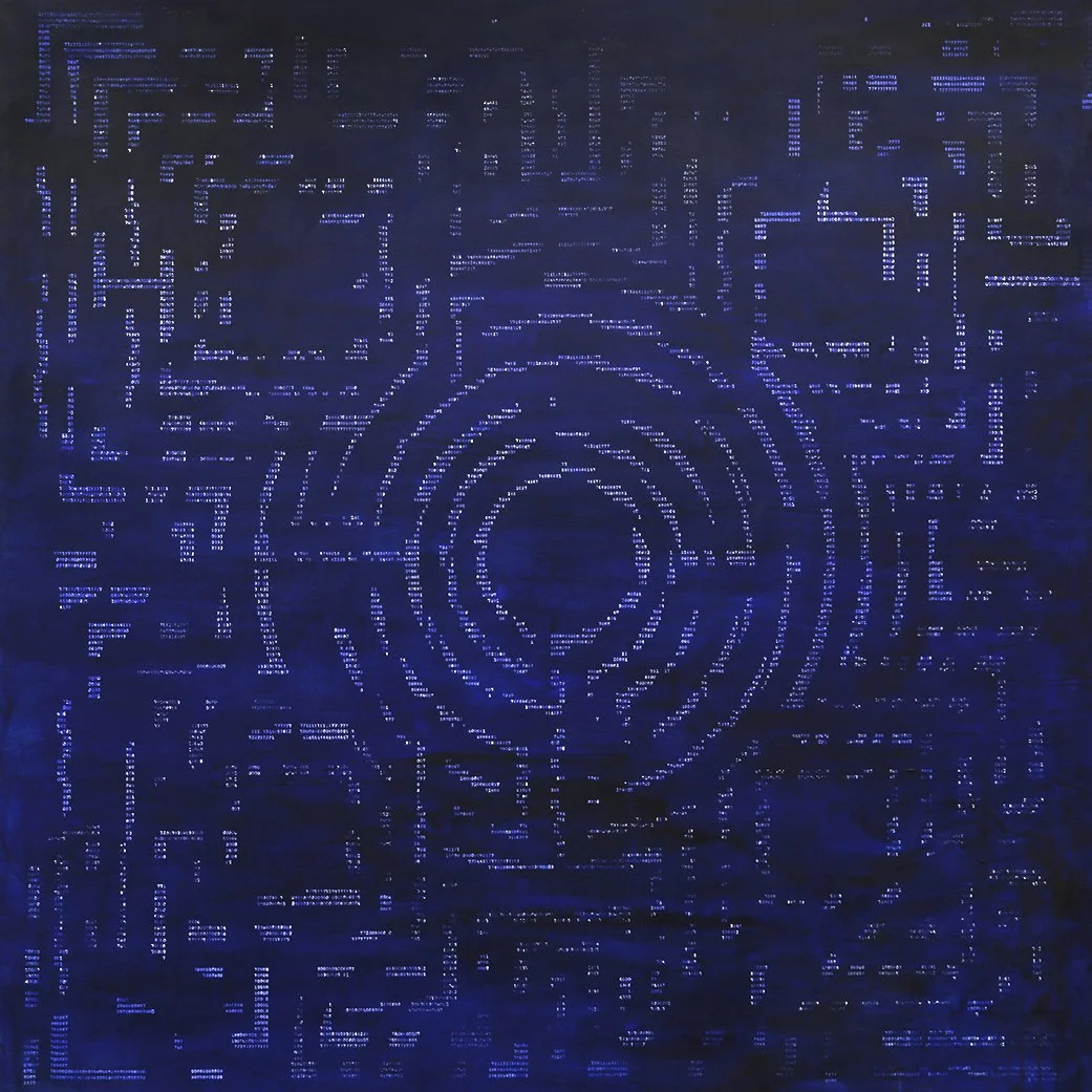 Fondo oscuro con patrones geométricos azules brillantes en un diseño abstracto circular y lineal.